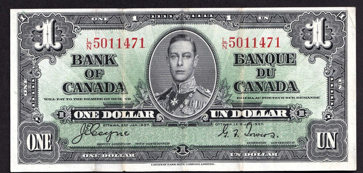 Canada 1937 $1 One Dollar Banknote Coyne - Towers L/N 5011474