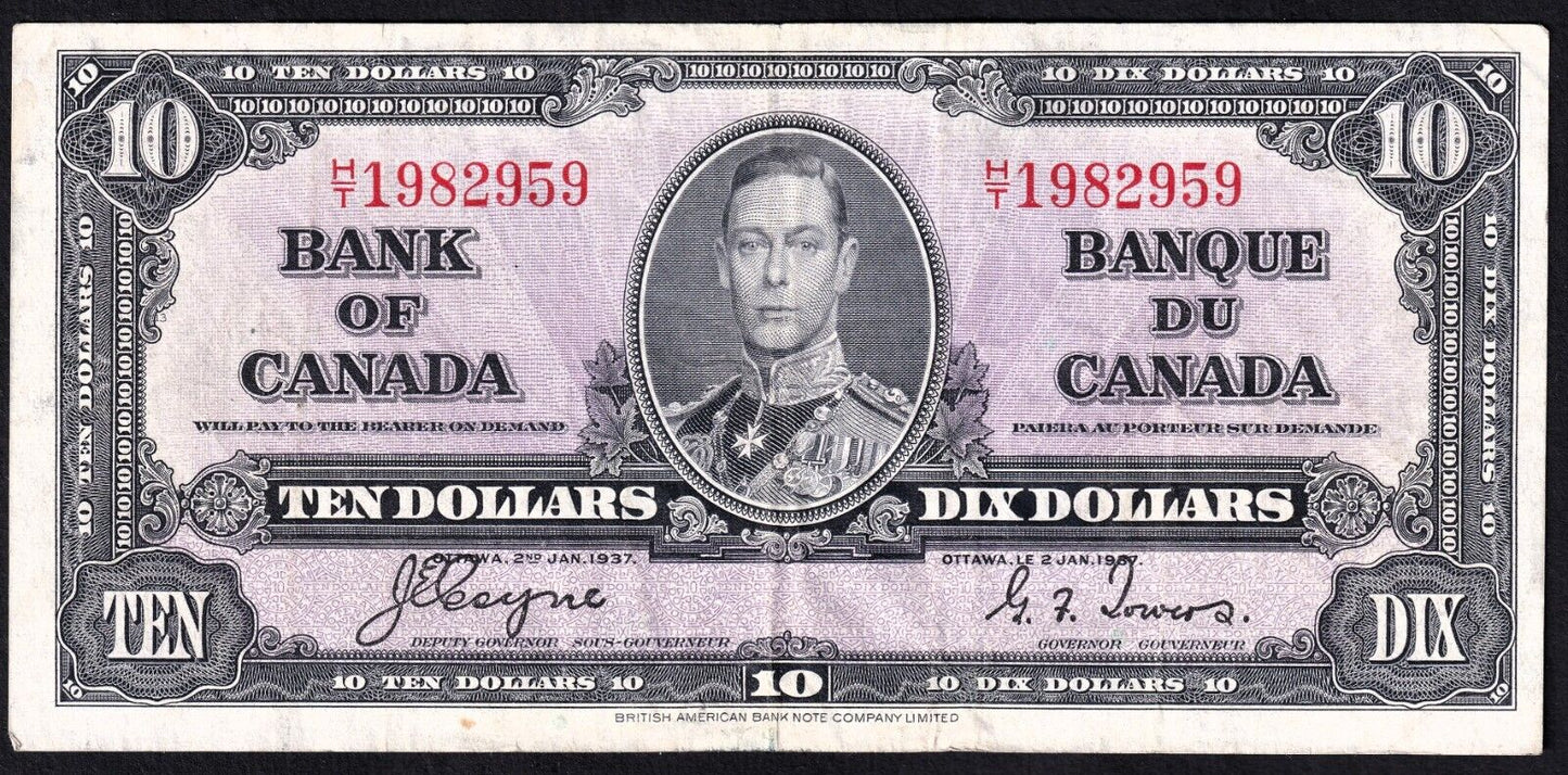 Canada 1937 $10 Ten Dollar Banknote Coyne - Towers H/T 1982959