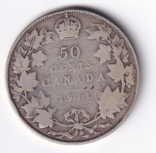 Canada 1911 50 Fifty Cent Half Dollar Silver Coin -  King George V Semi Key