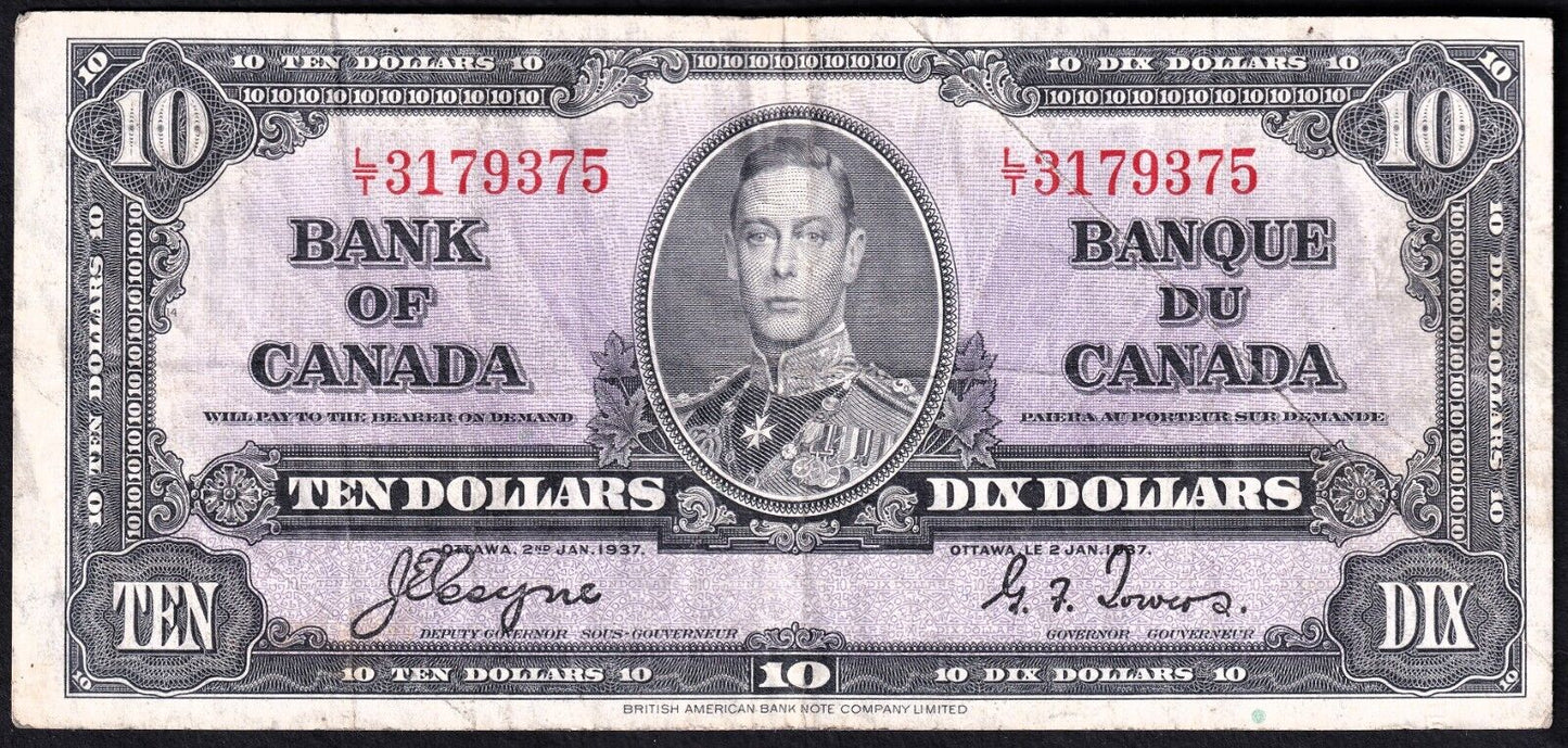 Canada 1937 $10 Ten Dollar Banknote Coyne - Towers L/T 3179375