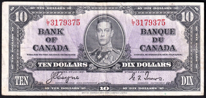 Canada 1937 $10 Ten Dollar Banknote Coyne - Towers L/T 3179375