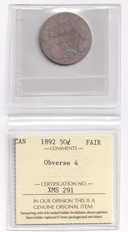 Canada 1892 Fifty Cent 50c Silver Coin ICCS Graded FAIR .925 Silver Obverse 4