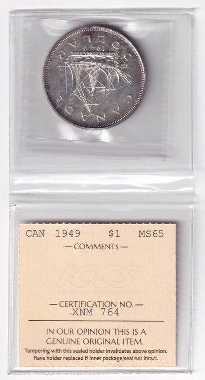 Canada 1949 One Dollar $1 Coin ICCS Graded Mint State MS 65