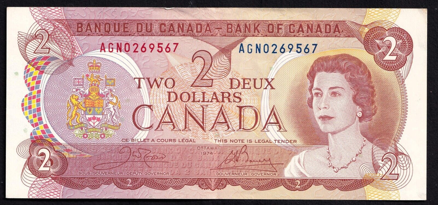 Canada 1974 $2 Two Dollar Banknote  Crow - Bouey AGN 0269567