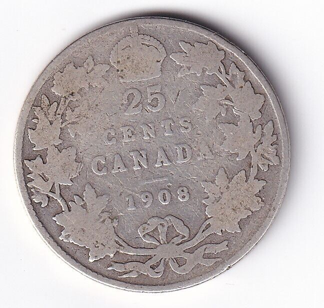 1908 Canada Silver Quarter 25 Twenty Five Cent Piece King Edward Semi Key #2