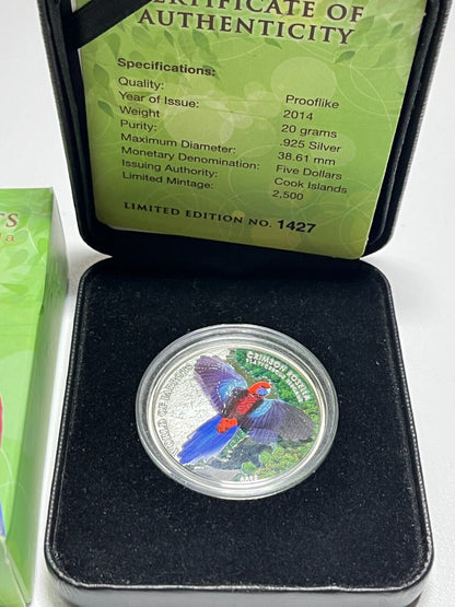 2014 Cook Islands $5 Silver Proof '3D World of Parrots - Crimson Rosella'