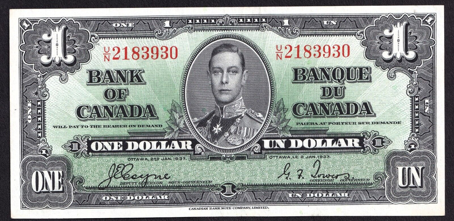 Canada 1937 $1 One Dollar Banknote Coyne - Towers U/N 2183930