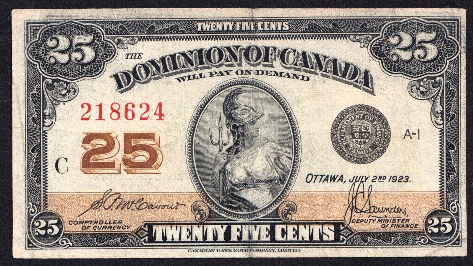 1923 Dominion of Canada 25c Shinplaster Note McCavour - Saunders 218624