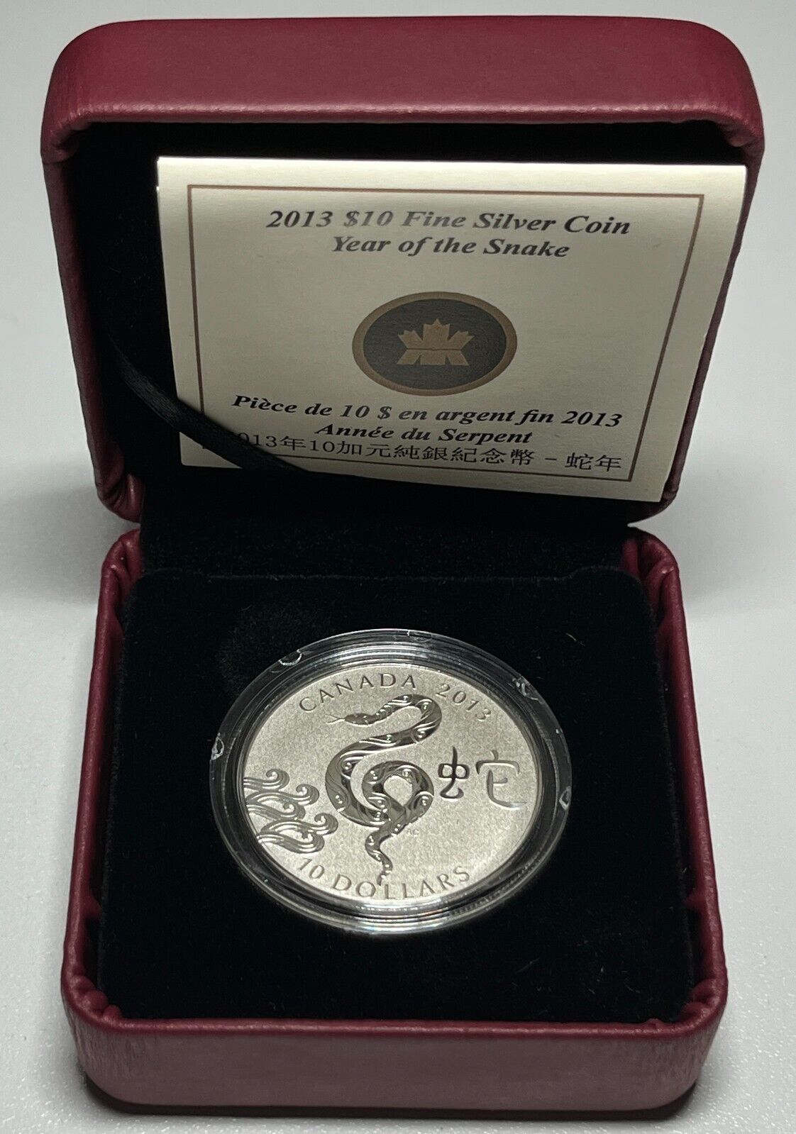 2013 $10 Fine Silver Coin - Year of the Snake 1/2 oz With Box + COA