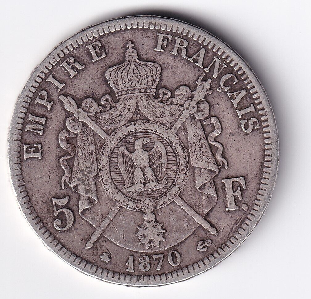 1870 A France 5 Francs Silver Paris Napoleon III .900 Silver Large Coin