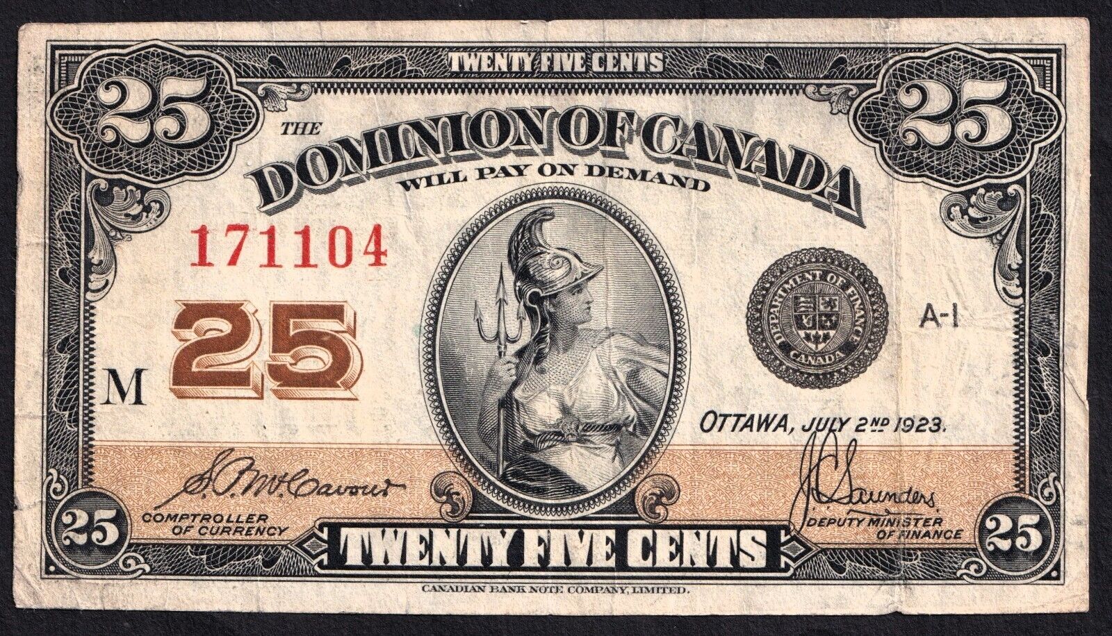 1923 Dominion of Canada 25c Shinplaster Note McCavour - Saunders 171104