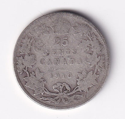 Canada 1910 25 Cents Twenty Five Cent Silver Coin - King Edward