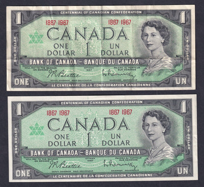 Canada 1967 $1 One Dollar Banknote Lot Of Two Beattie-Raminsky (Nicer Grades)