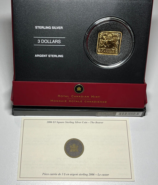 2006 Canada - $3 Sterling Silver Square Coin - The Beaver - Gold Plated