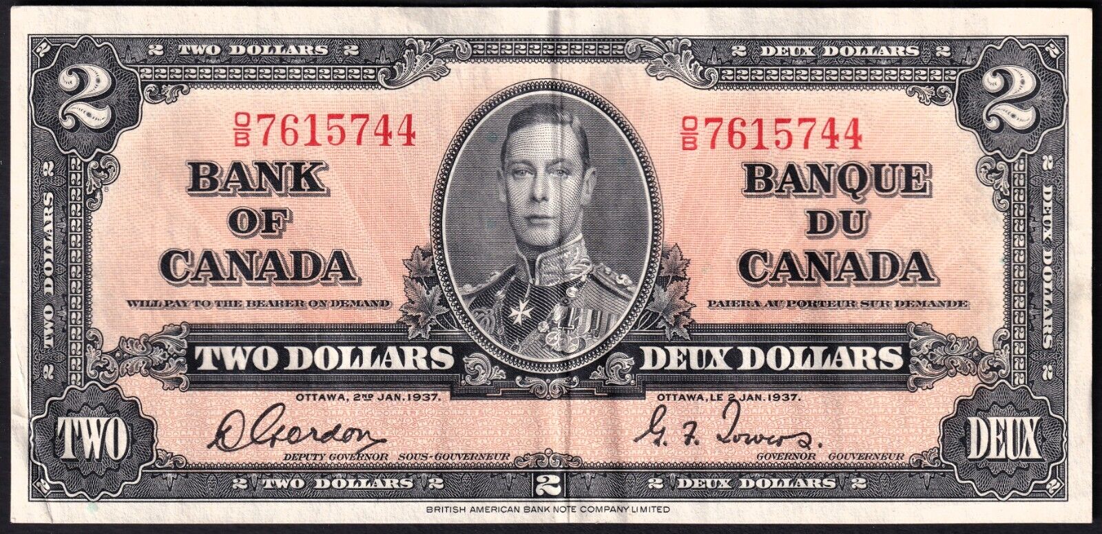 Canada 1937 $2 Two Dollar Banknote Gordon - Towers O/B 7615744