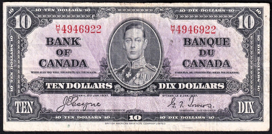 Canada 1937 $10 Ten Dollar Banknote Coyne - Towers H/T 4946922