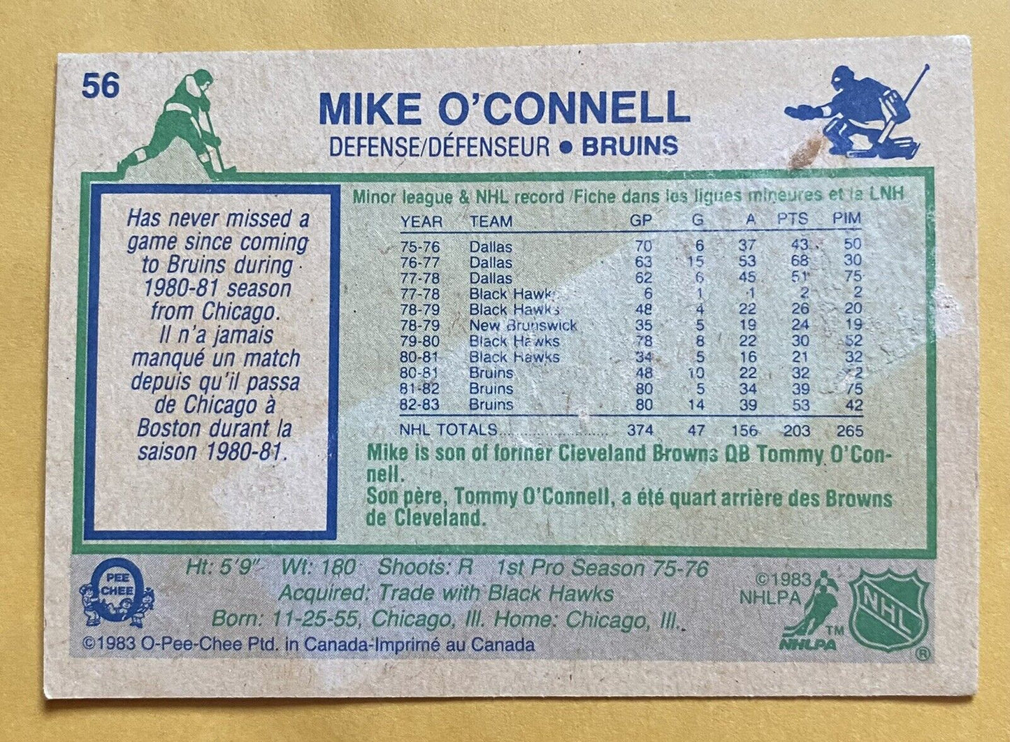 1983-84 O-Pee-Chee OPC Hockey Mike O'Connell #56 Boston Bruins NM/MT