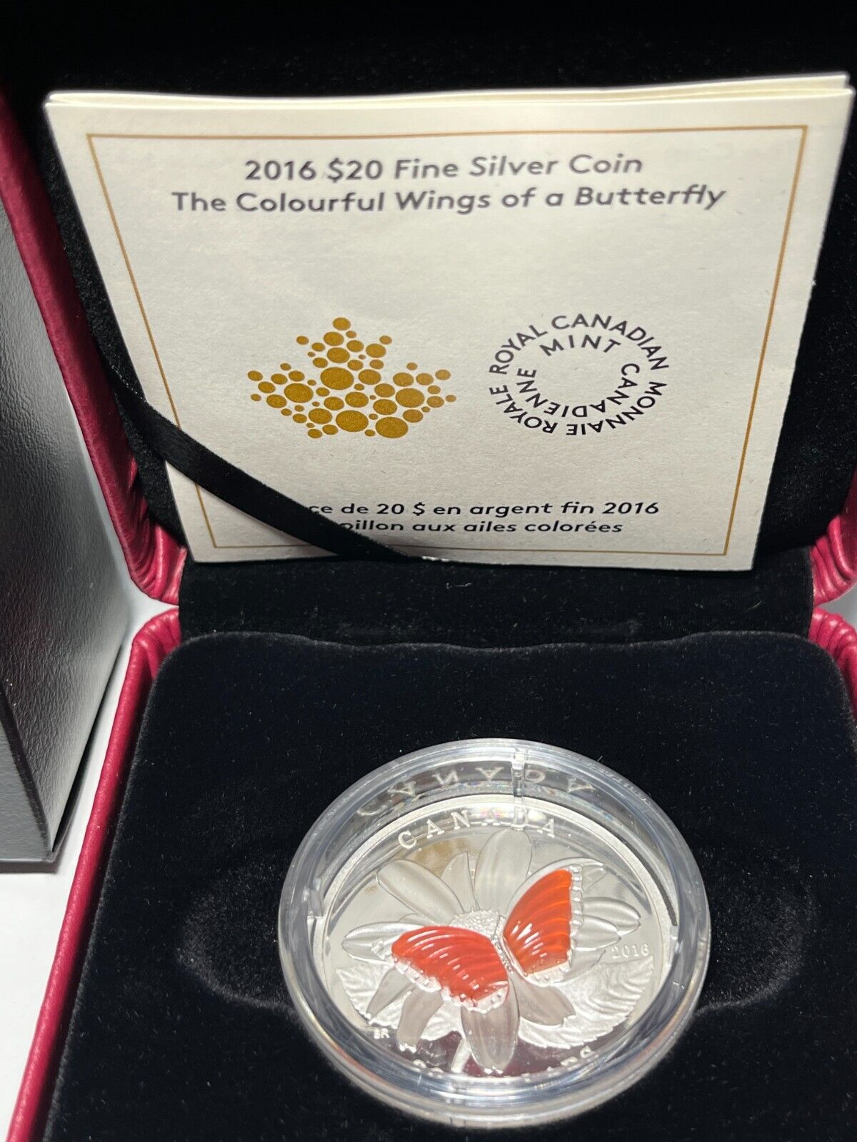 2016 $20 Fine Silver Coin - The Colourful Wings of a Butterfly With Box + COA