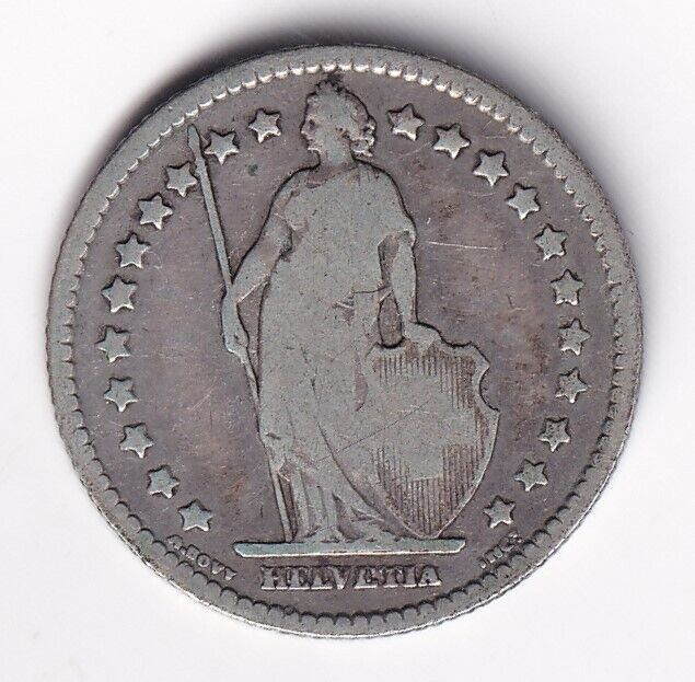 1886-B Switzerland Silver Franc Nice Detailed Old Helvetia Standing Coin