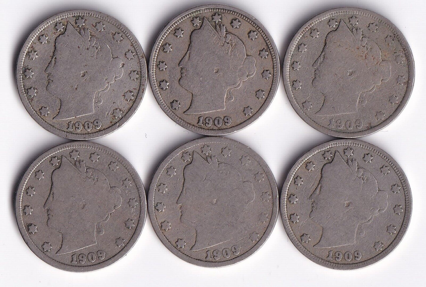 USA 1909 5c Liberty Head Nickels Lot Of Six Harder Date