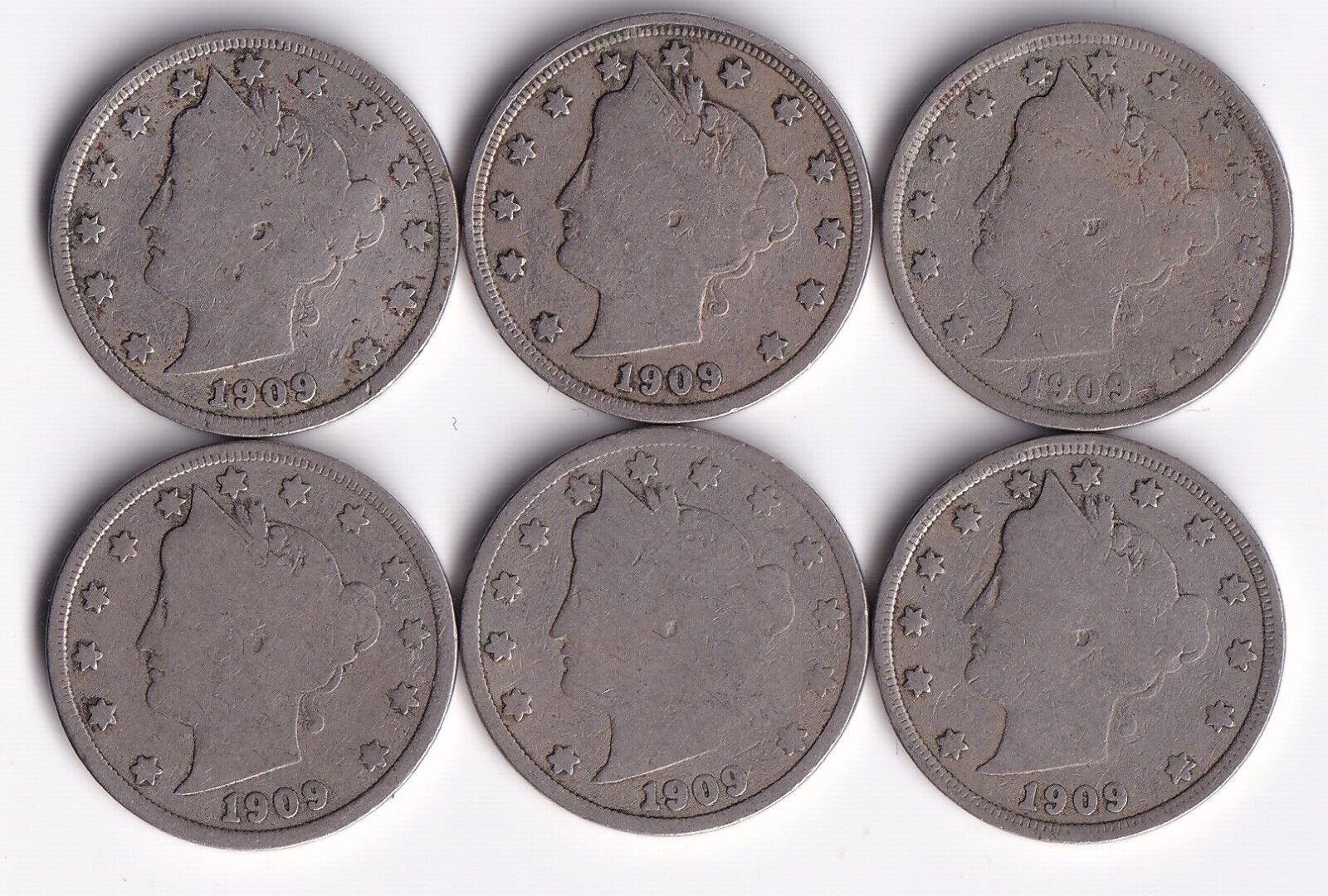 USA 1909 5c Liberty Head Nickels Lot Of Six Harder Date