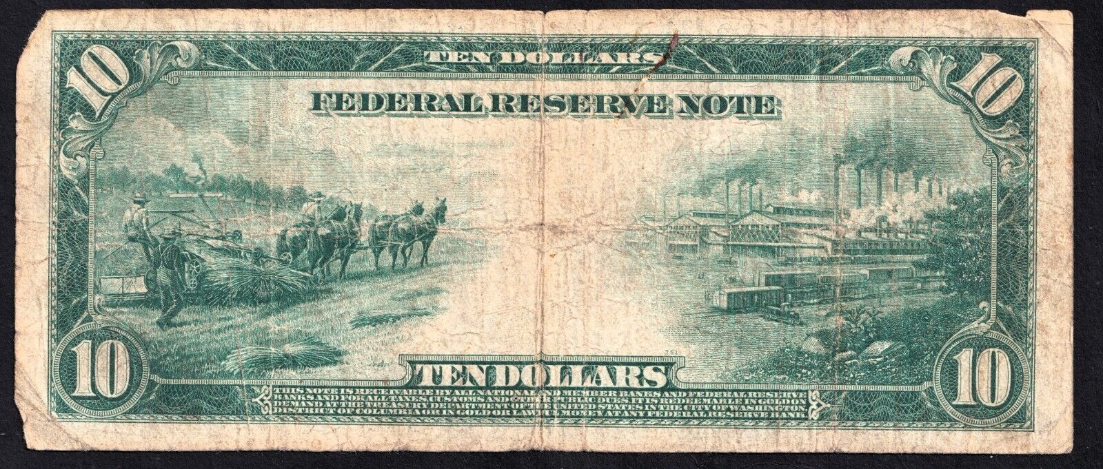 1913 New York Federal Reserve Large Ten Dollar Blue Seal Note