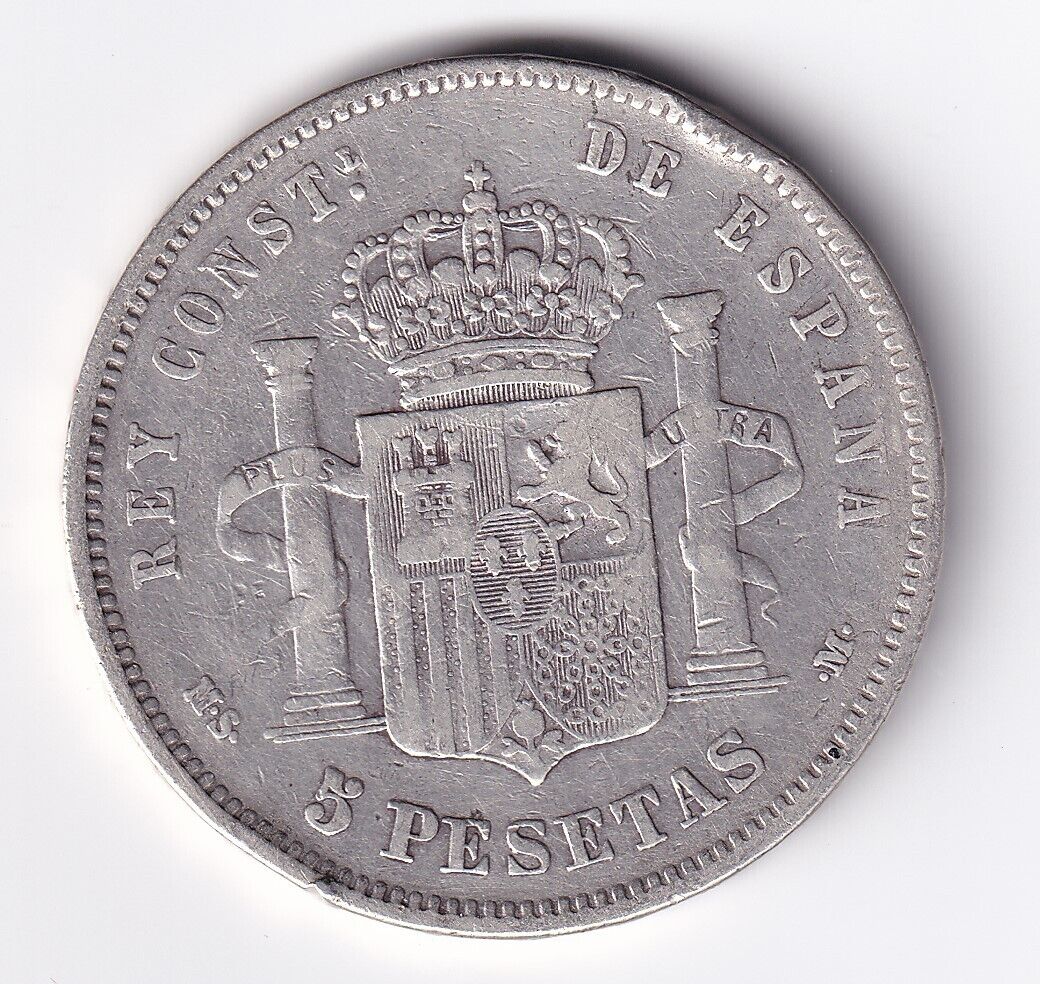 Spain Coin 5 Pesetas 1883 King Alfonso XII Silver .900 Large Silver Coin