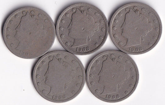 USA 1908 5c Liberty Head Nickels Lot Of Five Harder Date