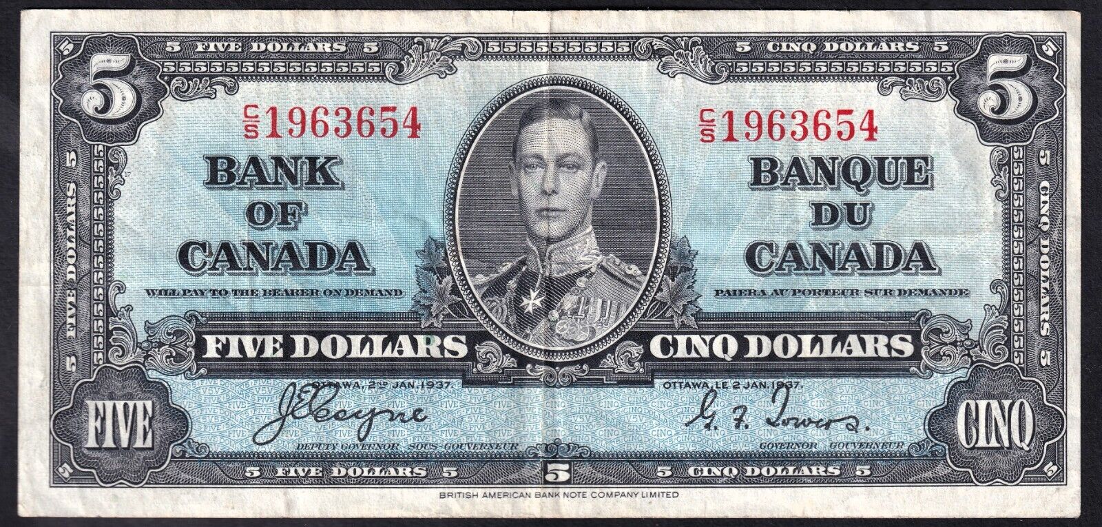 Canada 1937 $5 Five Dollar Banknote Coyne - Towers C/S 1963654