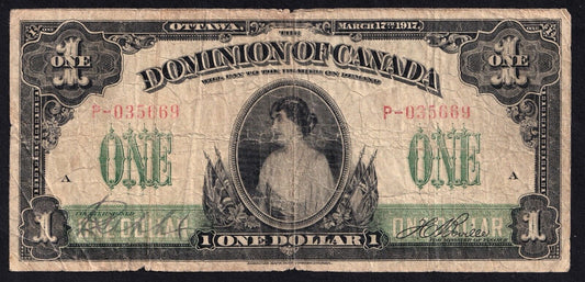 Dominion Of Canada 1917 $1 One Dollar Banknote Boville P - 035669