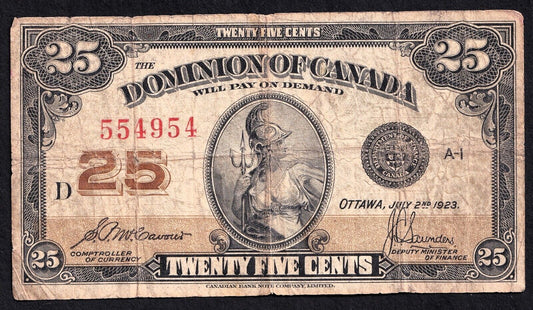 1923 Dominion of Canada 25c Shinplaster Note McCavour - Sanders 554954