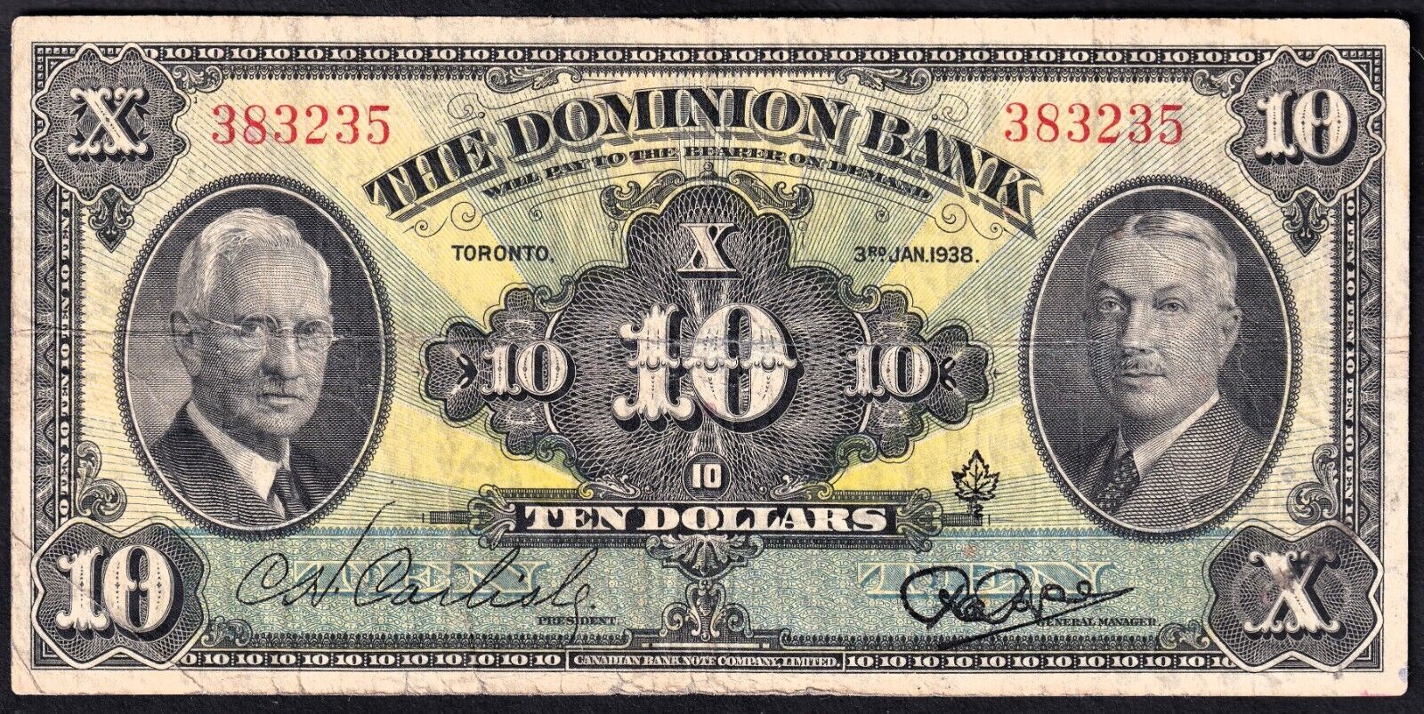 Canada The Dominion Bank 1938 $10 Ten Dollar Charter Banknote 383235