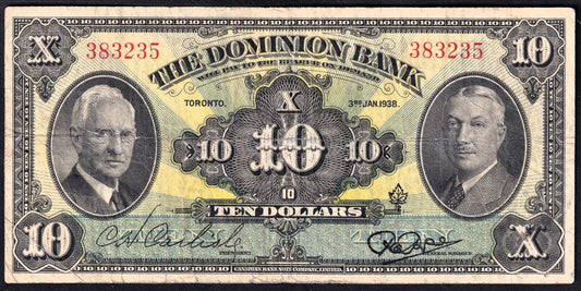 Canada The Dominion Bank 1938 $10 Ten Dollar Charter Banknote 383235