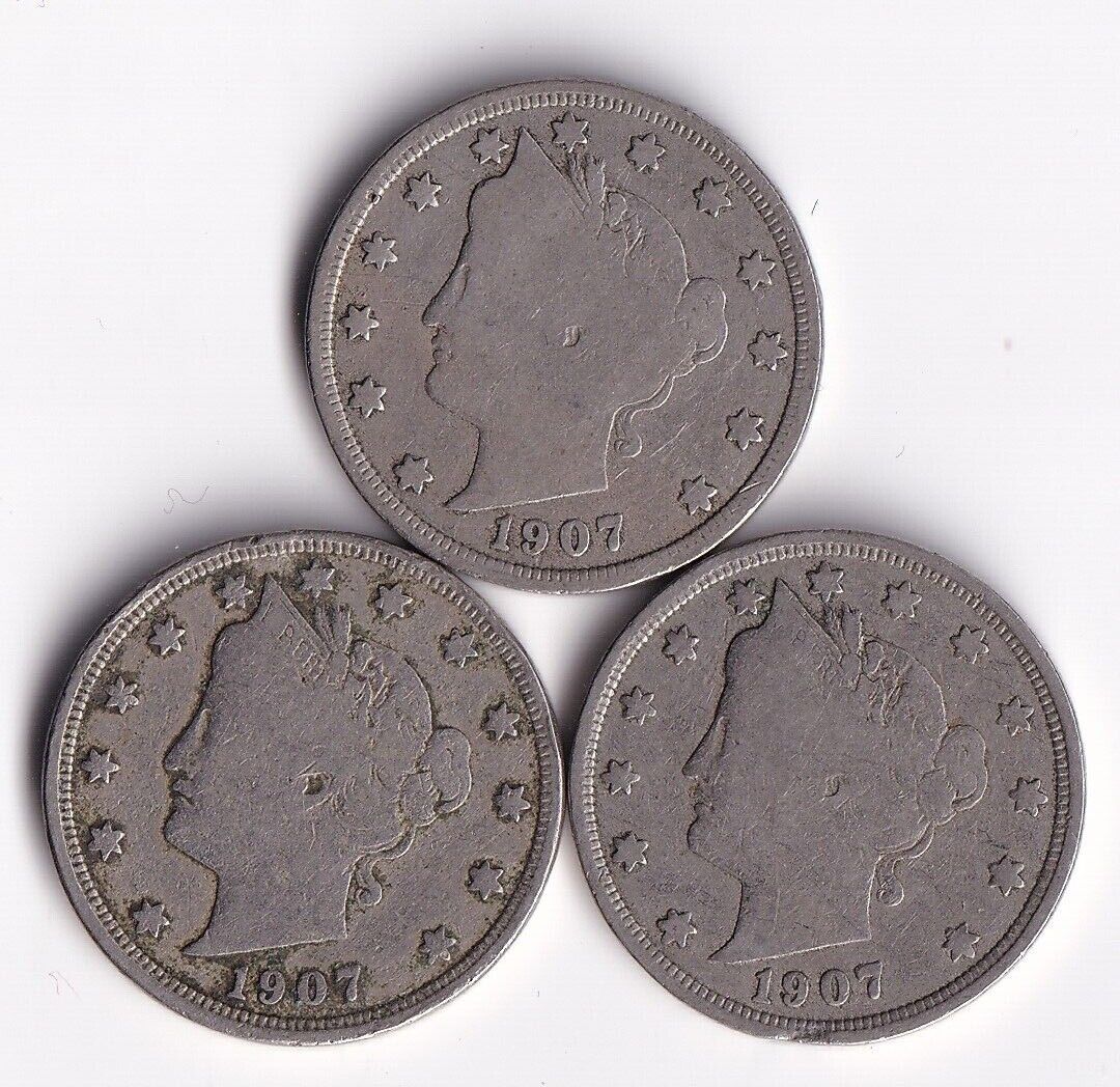 USA 1907 5c Liberty Head Nickel Lot Of Three Fine Harder Date