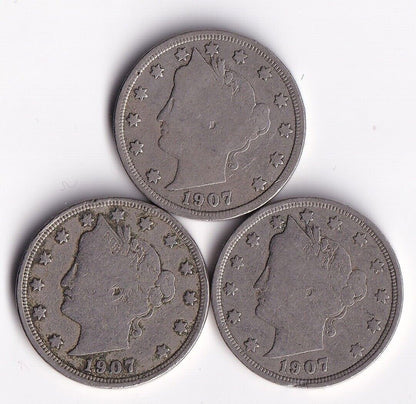 USA 1907 5c Liberty Head Nickel Lot Of Three Fine Harder Date