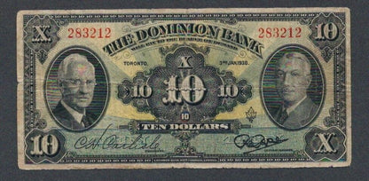 1938 Dominion Bank of Canada $10 Chartered Banknote - S/N:283212 220-28-04