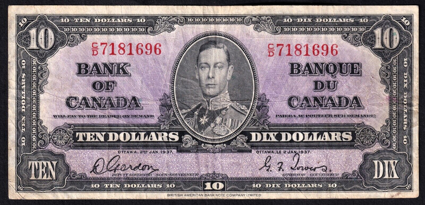 Canada 1937 $10 Ten Dollar Banknote Gordon - Towers C/D 7181696