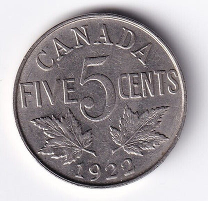 Canada 1922 Five Cent 5c Nickel King George V Very Fine