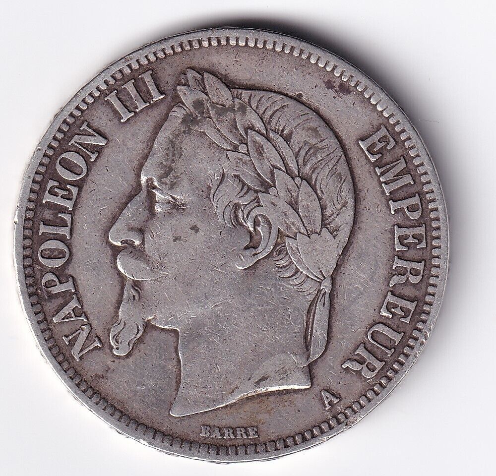 1870 A France 5 Francs Silver Paris Napoleon III .900 Silver Large Coin