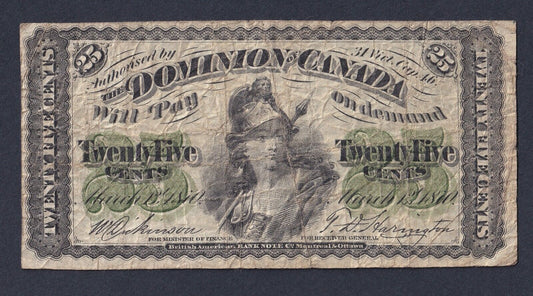 Dominion of Canada 1870 25 Cent Shinplaster Plain Dickinson-Harington Nice Note