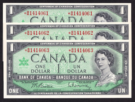 Lot Of 3 Consecutive Canada 1967 $1 One Dollar Replacement Banknote *B/M CUNC