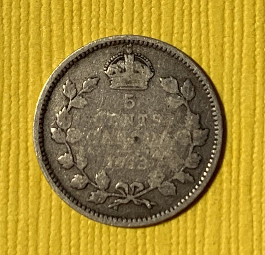 Canada 1913 Silver 5 Cents Nice Grade King George V .925 Silver