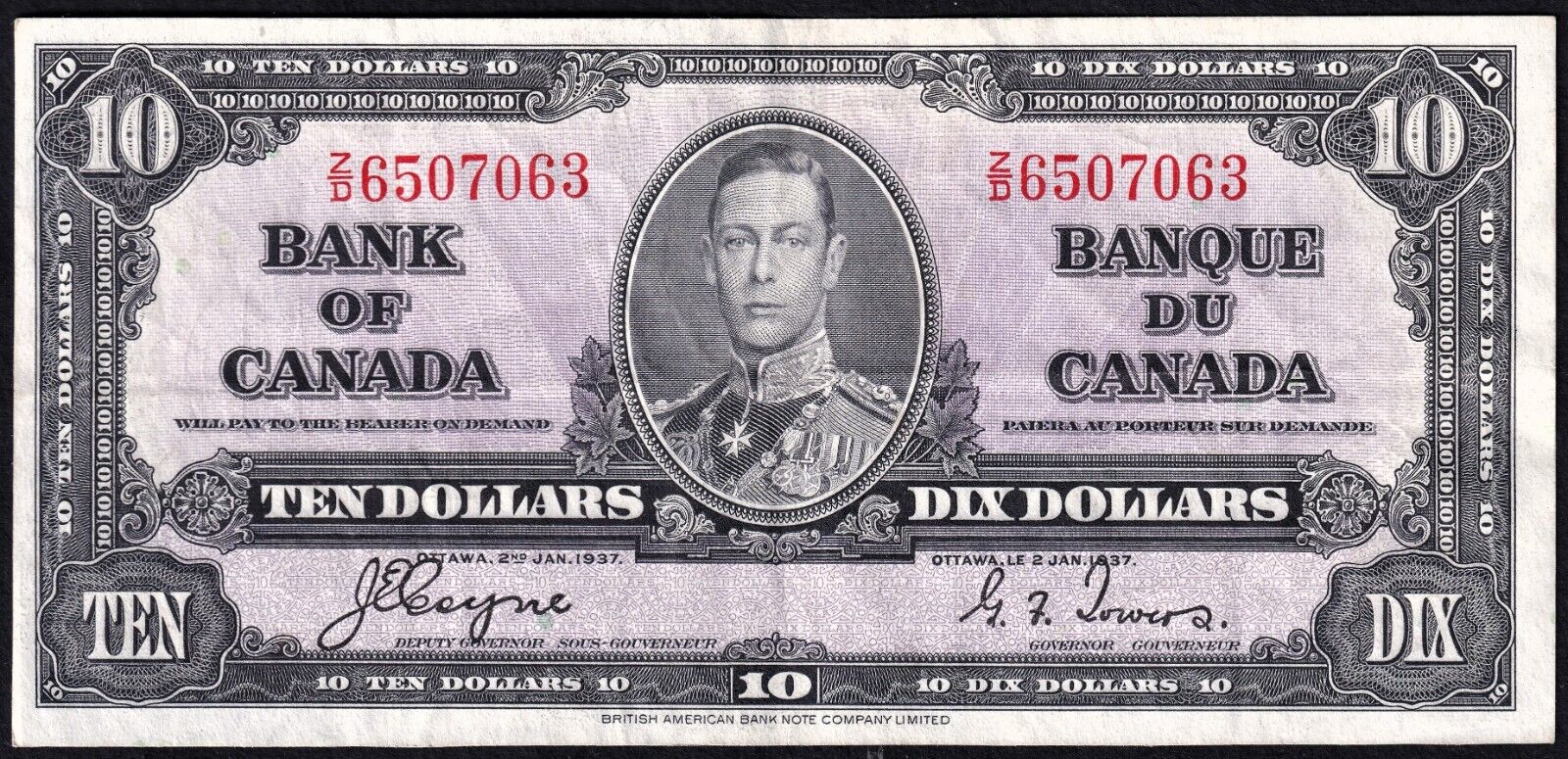 Canada 1937 $10 Ten Dollar Banknote Coyne - Towers Z/D 6507063