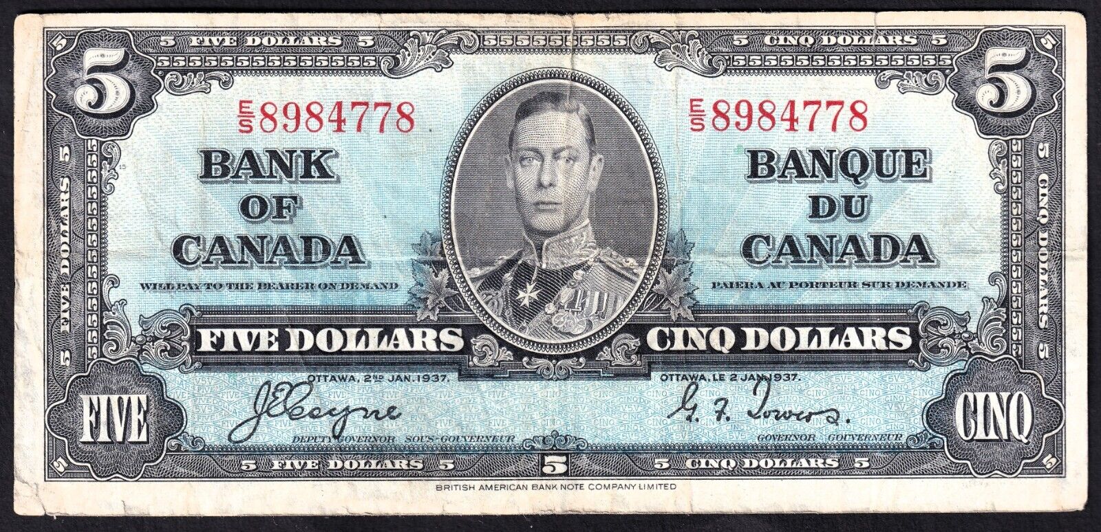 Canada 1937 $5 Five Dollar Banknote Coyne - Towers E/S 8984778