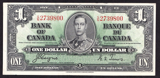 Canada 1937 $1 One Dollar Banknote Coyne - Towers S/N 2739800 Nice Colour