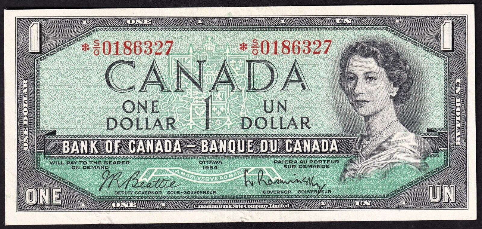 Canada 1954 $1 One Dollar Replacement Banknote Beattie - Rasminsky *S/O 0186327