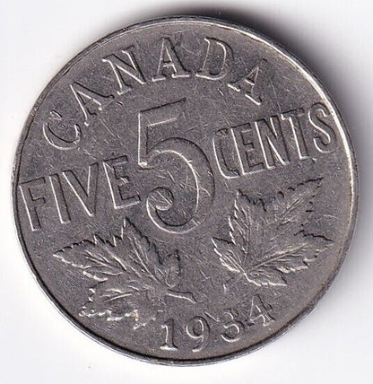 Canada 1934 Five Cent 5c Nickel King George V Very Fine