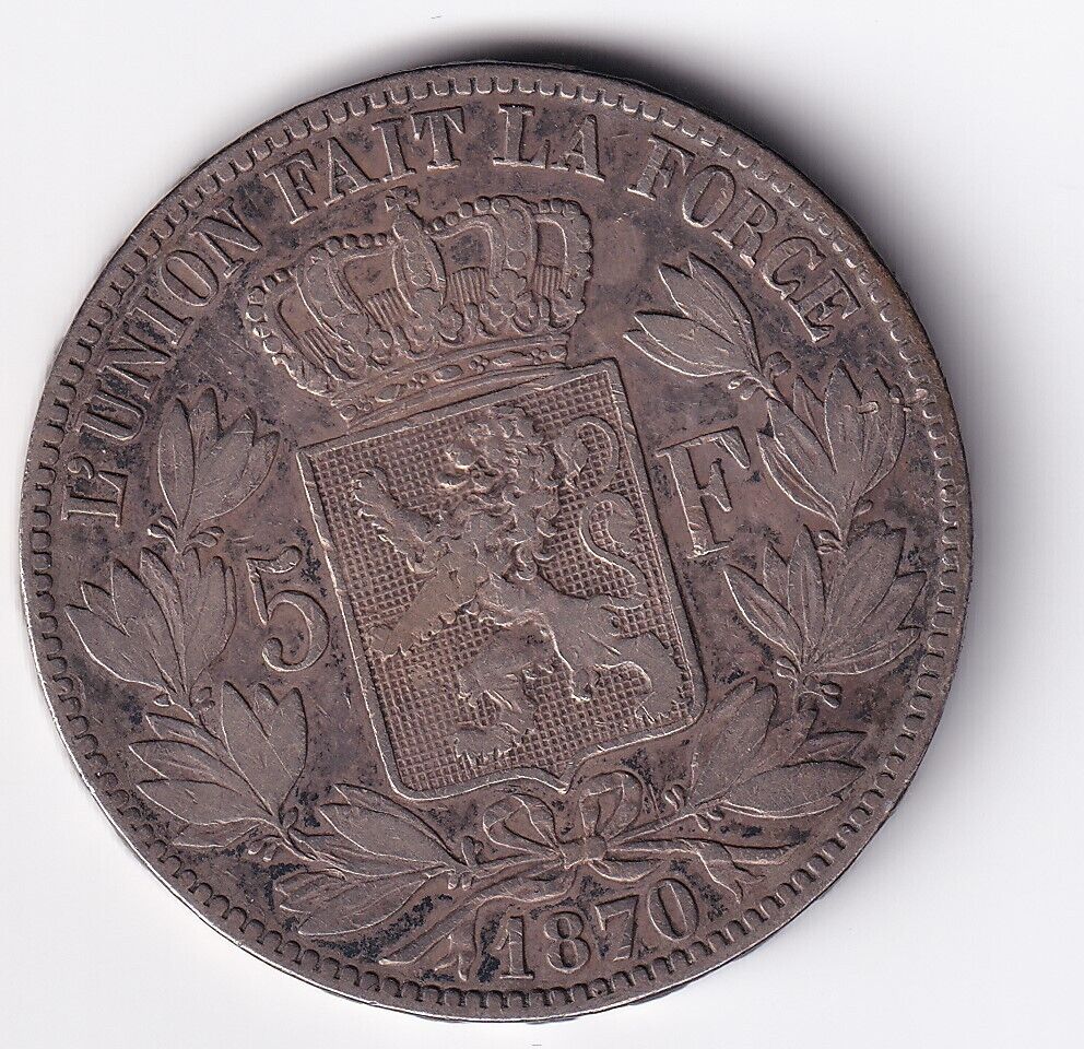 1870 Belgium 5 Francs Leopold II Roi des Belges .900 Silver Large Coin #1