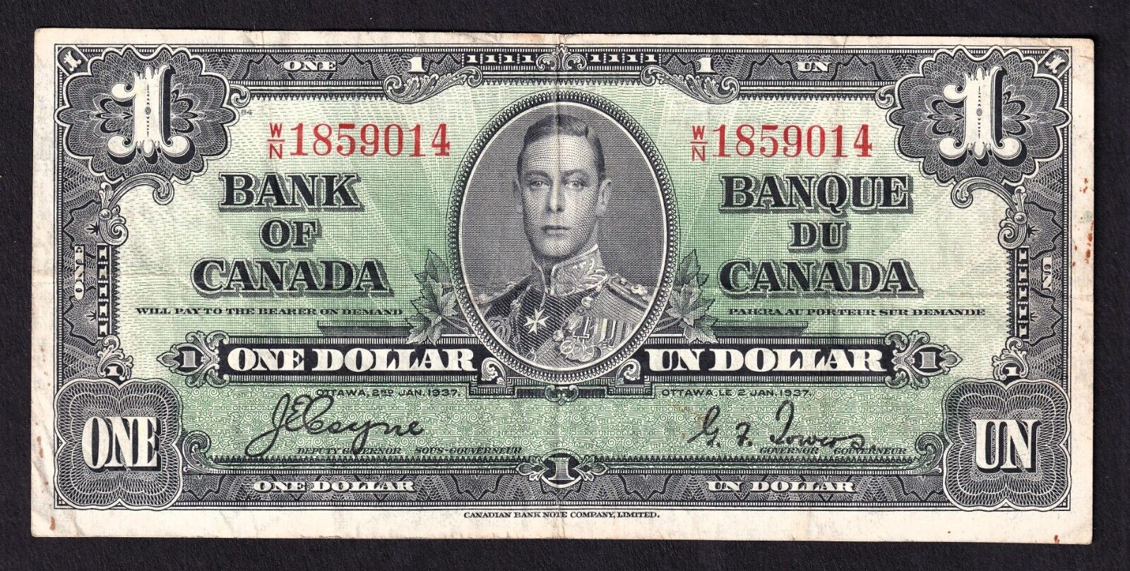 Canada 1937 $1 One Dollar Banknote Coyne - Towers W/N 1859014