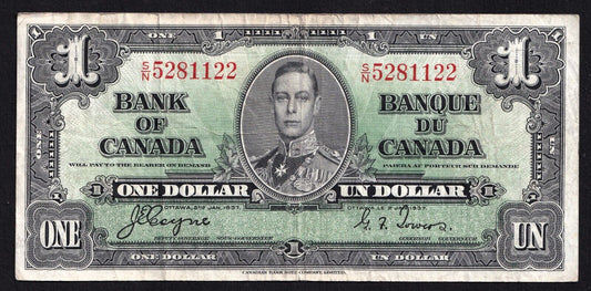 Canada 1937 $1 One Dollar Banknote Coyne-Towers S/N 5281122